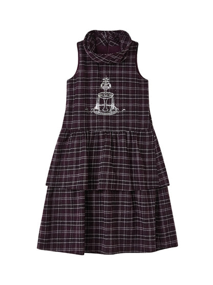 Plaid Embroidery Sleeveless Tiered Long Dress【s0000011898】