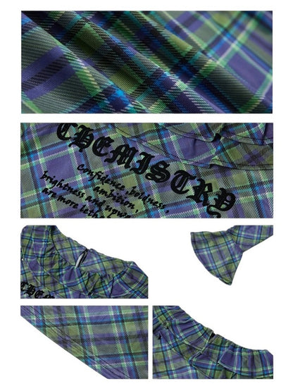 Chemistry Message Print Ruffle Check Long Sleeve T-Shirt【s0000011899】