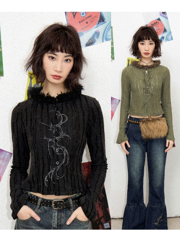 Fur Collar Graphic Print Cardigan【s0000011904】