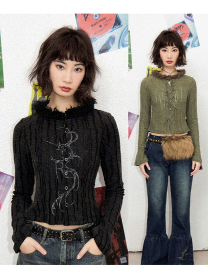 Fur Collar Graphic Print Cardigan【s0000011904】