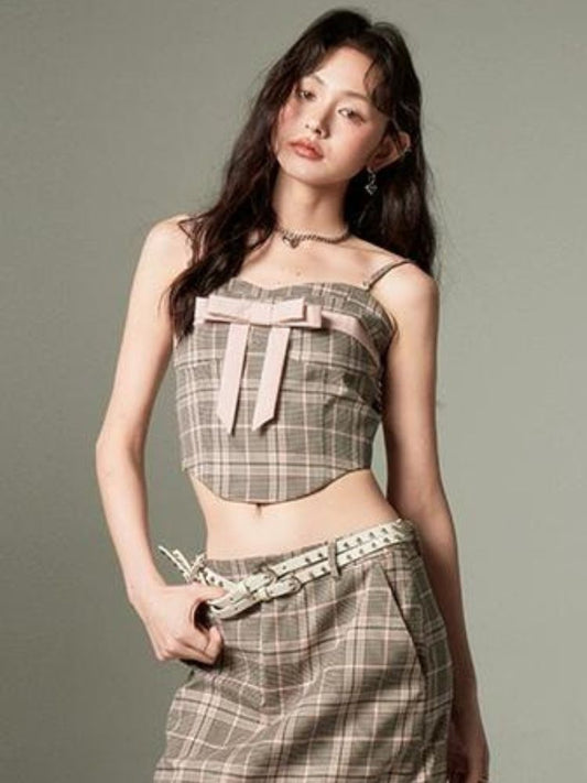 Plaid bow tube top and A-line skirt【s0000003279】