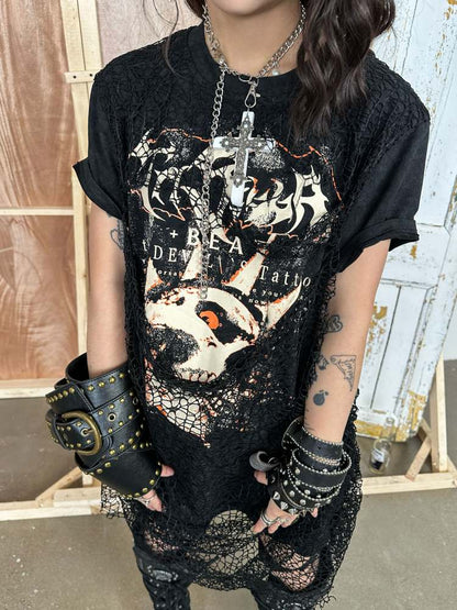 Batik Skull Print Fake Two Piece Mesh Punk Tee【s0000008302】