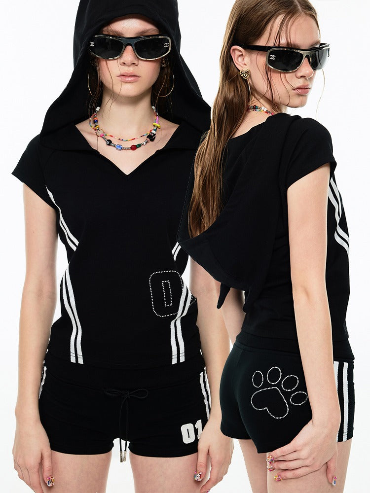 BLACK & WHITE LINE HOODIE V-NECK TEE [S0000009164]