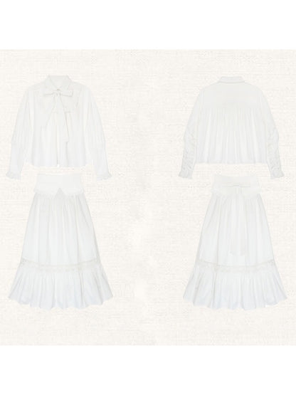 Ruffled Ribbon Shirt &amp; Splicing Lace Skirt【s0000003552】