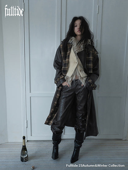 Plaid Splicing PU Leather Double Breasted Long Jacket【s0000004160】