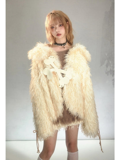 Punk Rivet Bone Mix Color Long Fur Loose Coat【s0000003874】