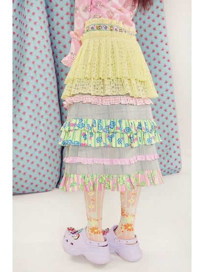 Shimizu Illustration Ribbon Lace Pleated Tiered Apron Skirt【s0000003652】