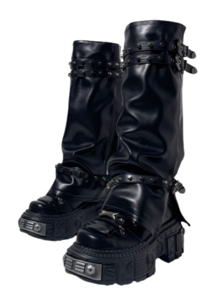 Y2K Retro Punk Style Eyelet Triple Belt Volume Sole Long Tube Boots【s0000005191】