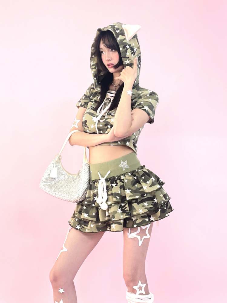 Camouflage & Star Pom Pom Ball Cake Skirt【s0000007893】