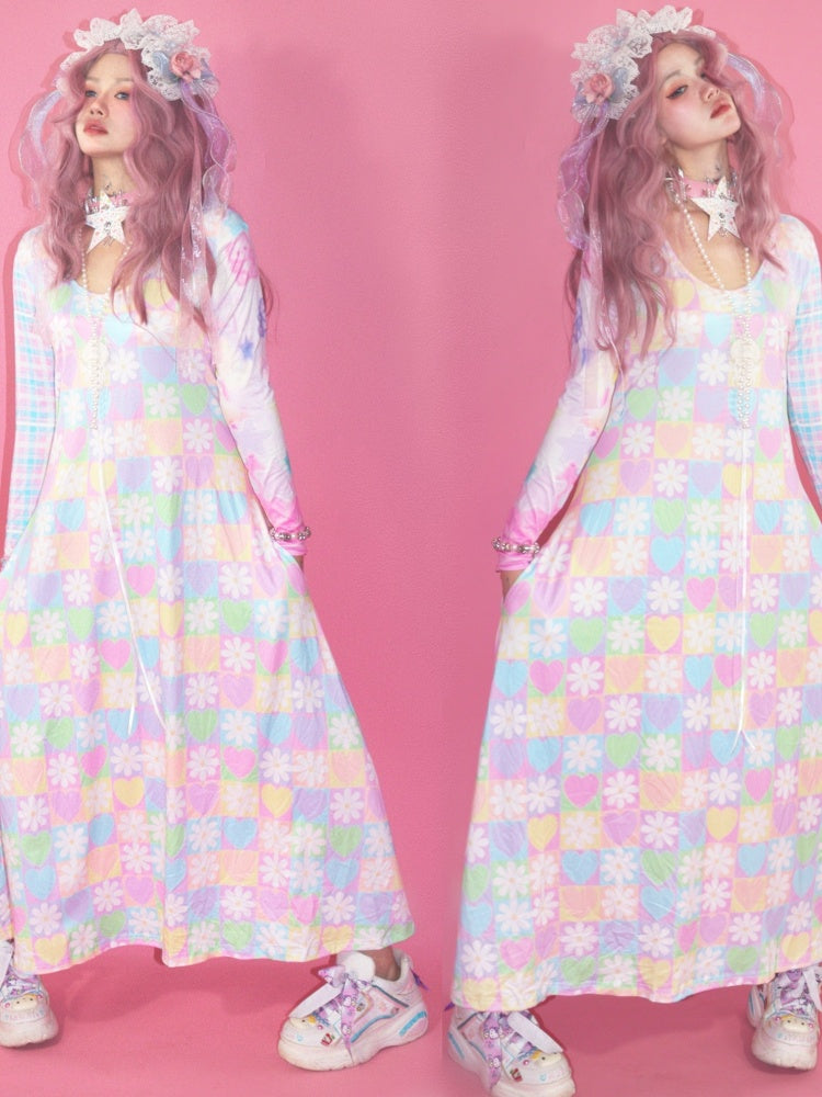 Flower Chess Board Print Long Dress【s0000003569】