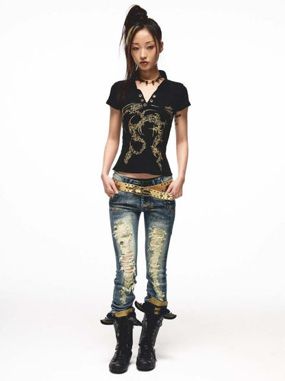 Back Open Gold Print Ribbon T-Shirt [S0000009013]