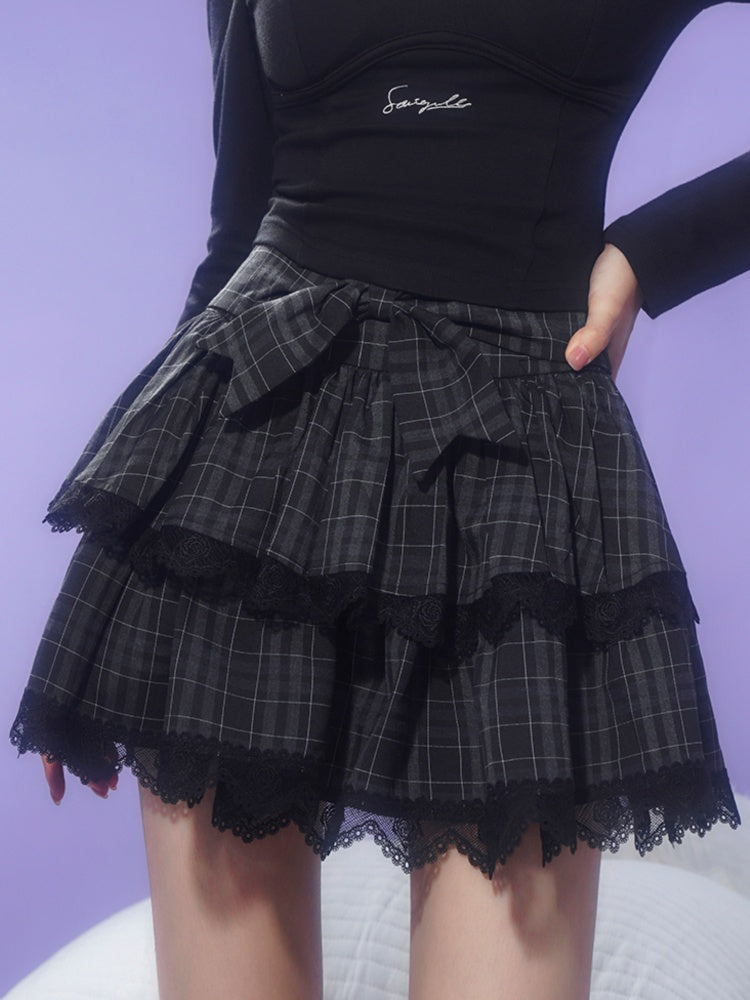 Plaid Ribbon Cake Mini Skirt【s0000003831】