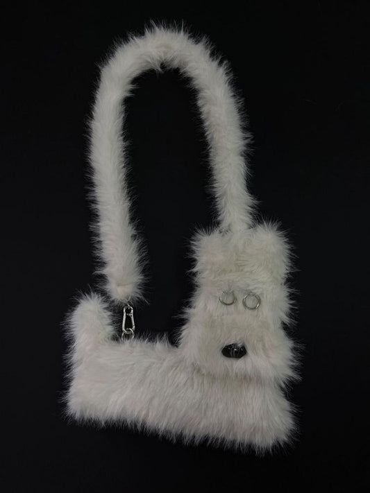 White Terrier Faux Fur Crossbody Plush Bag [s0000005201]