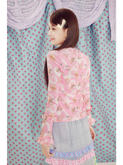 Shimizu Illustration Cute Bear Geometric Pattern Bell Sleeve Knit Tops【s0000003660】