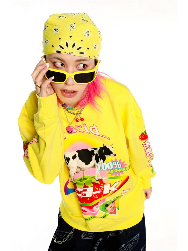 Y2K American Retro Super Acid Milk Print Loose Sweat & Cow Hat【s0000003887】