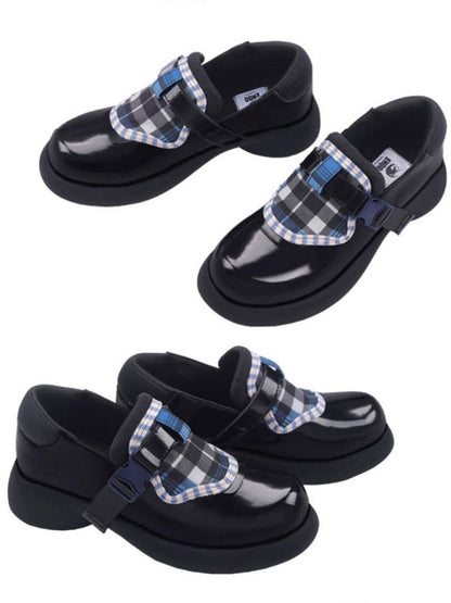 Plaid Velcro Leather Platform Loafers【s0000002687】