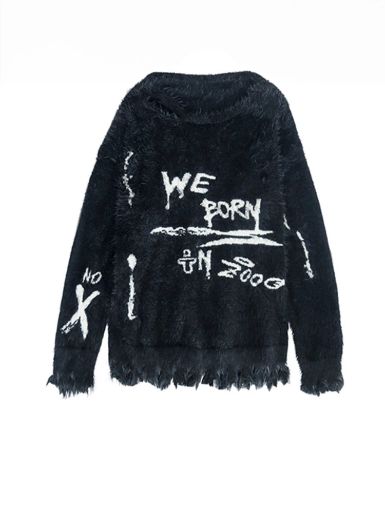 Punk Graffiti Jacquard Mink Lazy Pullover Sweater Black [s0000003881]