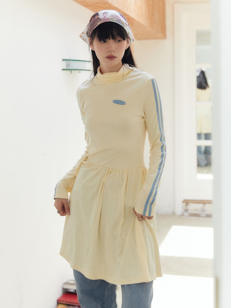 High Neck Stretch Knit Sports Mix Line Sleeve Dress【s0000003575】