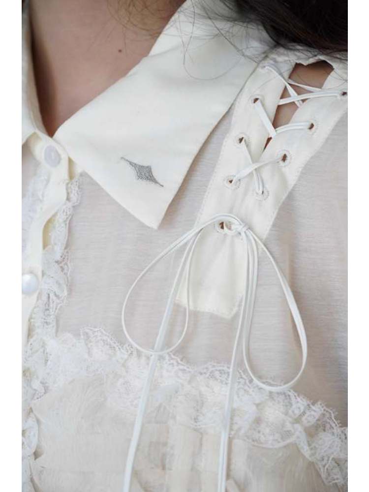 Lace-Up Crosses Embroidery Chiffon Lace Trim Shirt [s0000008151]