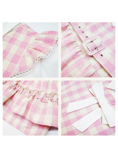 Gingham Check Ruffle Apron Dress &amp; Hat【s0000003541】