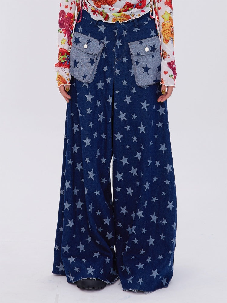 Retro Cute Y2K Star Pattern Wide Leg Loose Mop Jeans Pants [s0000003179]