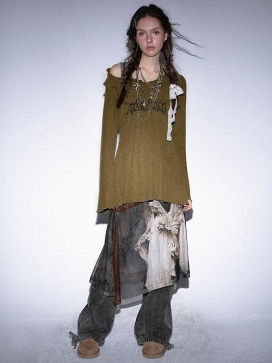 One Shoulder Flare Sleeve Knit Bottom Top【s0000005754】