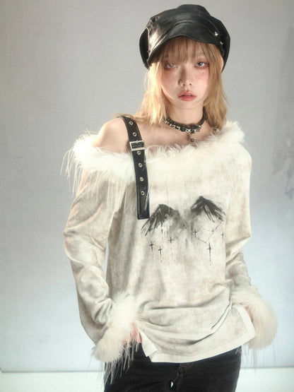 Punk Fur Suspender Belt Off Shoulder Feather Print T-Shirt [s0000003877]