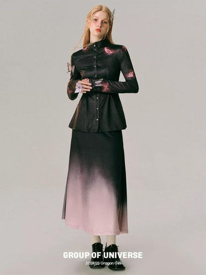 Gradient Neon Print Waistless Blouse + Long Skirt Set【s0000006490】