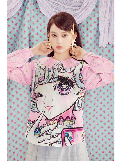 Shimizu Illustration Big Eyes Cute Girl Star Pattern Shirt【s0000003662】