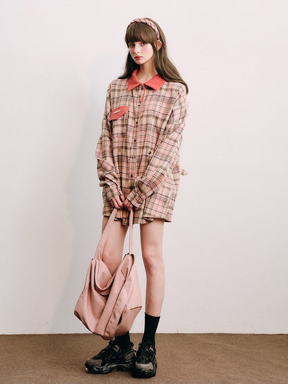 Loose Plaid Shirt & Pleated Mini Skirt【s0000003852】