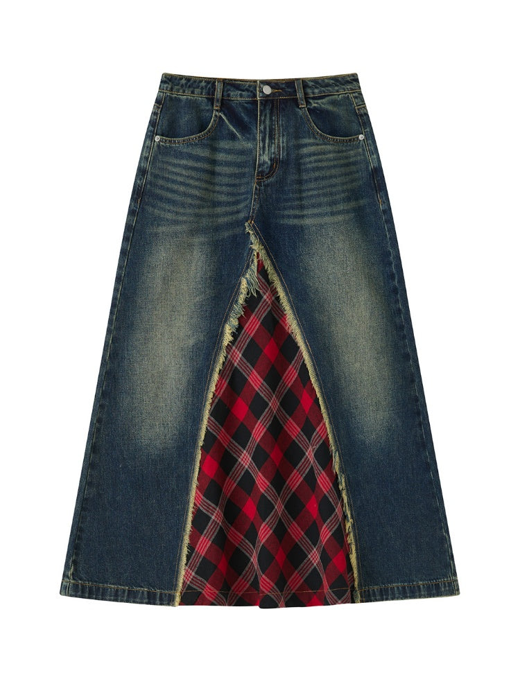 Front Slit Denim Checked A-Line Skirt【s0000011905】