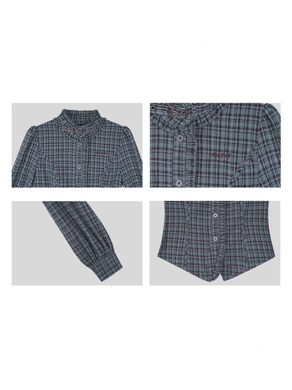 Stand collar Neck Belt Checkered Ruffle Long Sleeve Shirt【s0000011927】