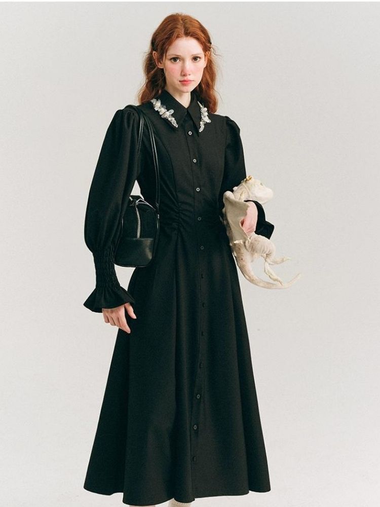 Beaded Range Waist Skirt French Shirt Dress【s0000006493】