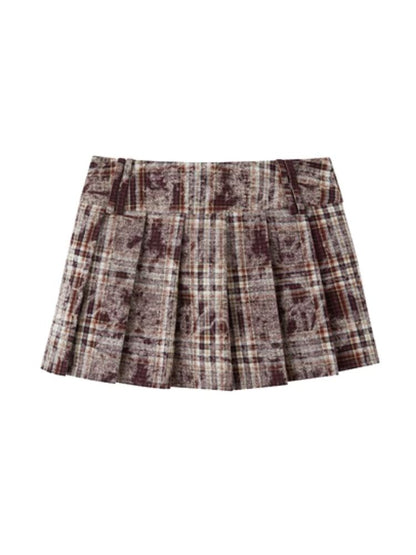 Contrast plaid shirt + pleated skirt【s0000003967】