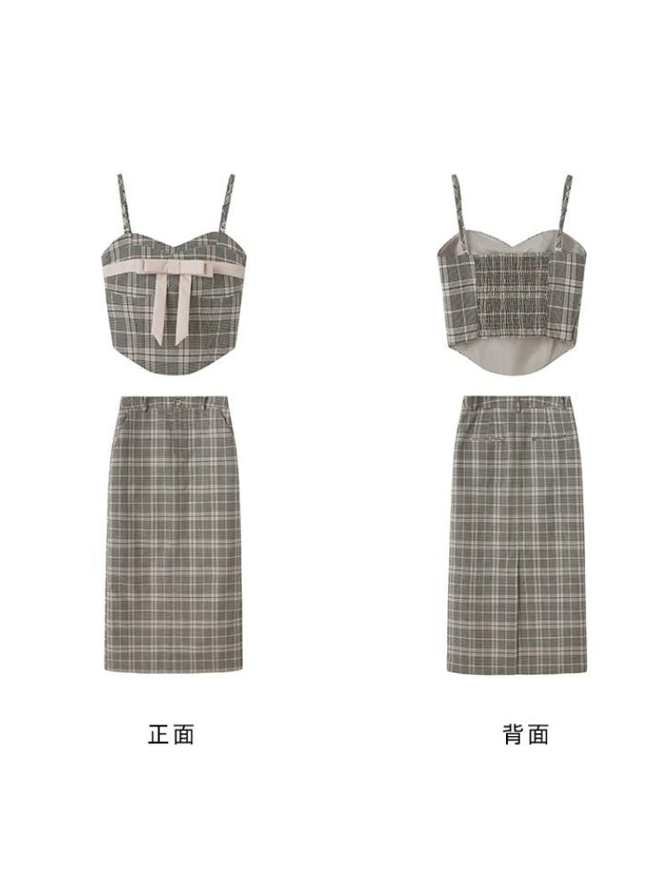 Plaid bow tube top and A-line skirt【s0000003279】