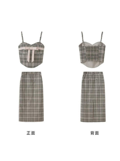 Plaid bow tube top and A-line skirt【s0000003279】