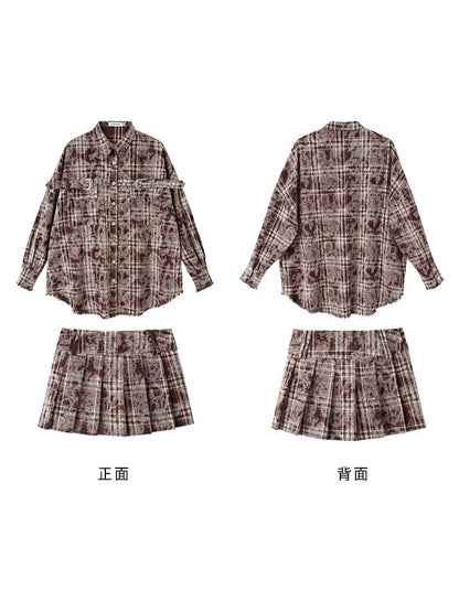 Contrast plaid shirt + pleated skirt【s0000003967】