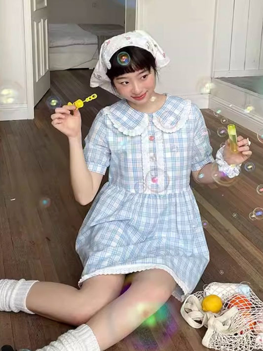 Check Two Color Shell Button Dress【s0000007713】