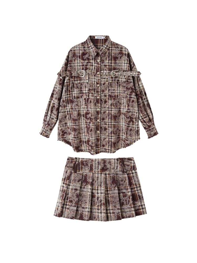 Contrast plaid shirt + pleated skirt【s0000003967】