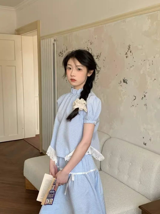 A-line Doll Top Plaid Skinny Half-body Skirt Set【s0000007926】