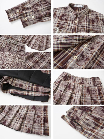 Contrast plaid shirt + pleated skirt【s0000003967】