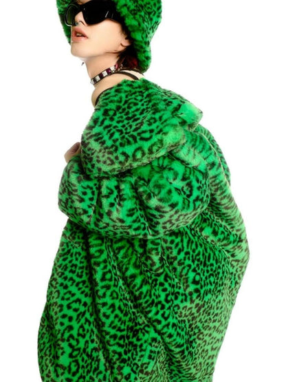 Leopard print long fur coat and hat【s0000004450】