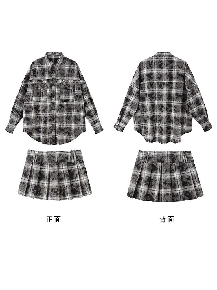 Contrast plaid shirt + pleated skirt【s0000003967】