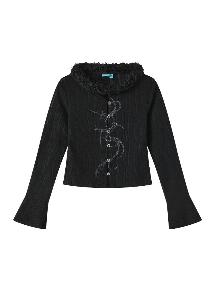 Fur Collar Graphic Print Cardigan【s0000011904】