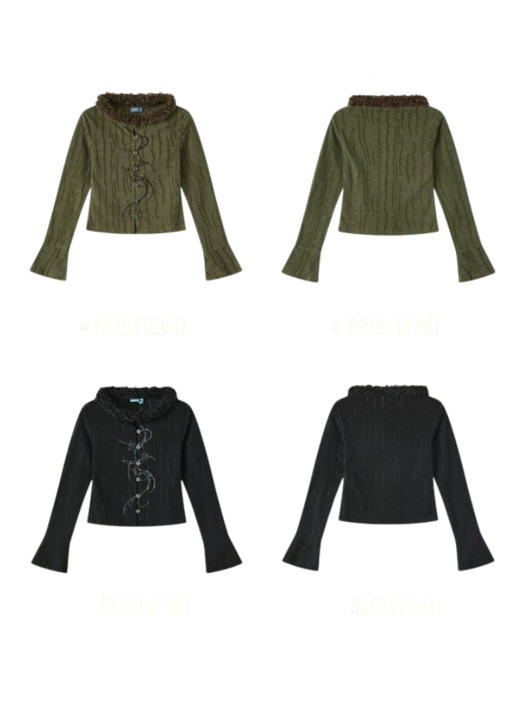 Fur Collar Graphic Print Cardigan【s0000011904】