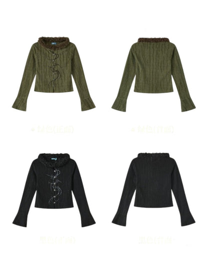 Fur Collar Graphic Print Cardigan【s0000011904】