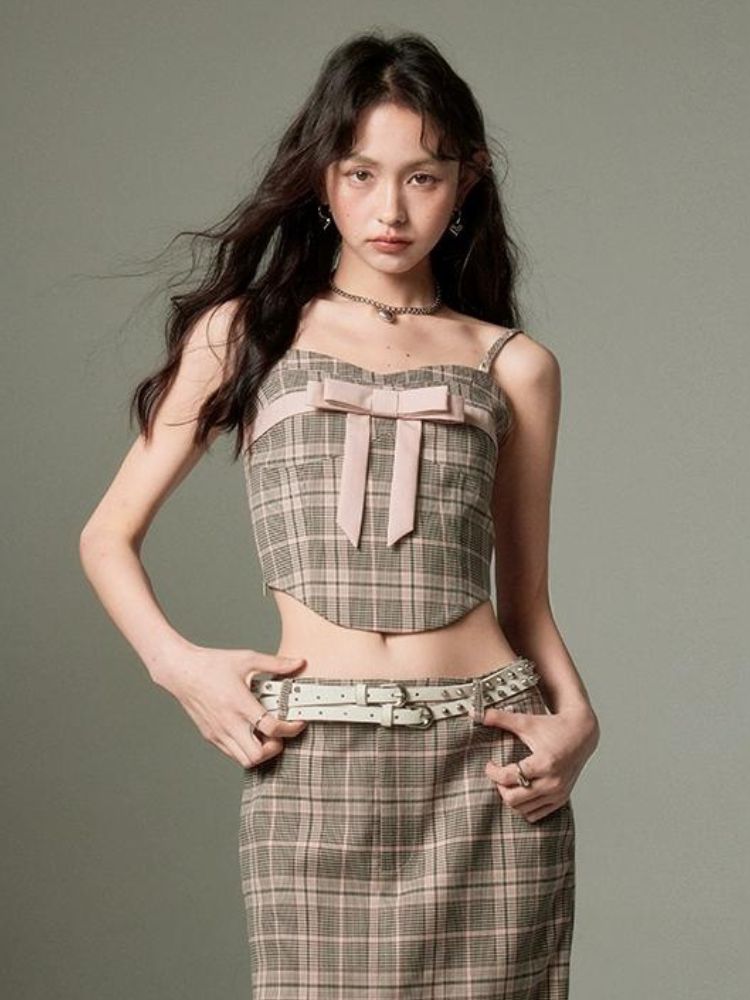 Plaid bow tube top and A-line skirt【s0000003279】