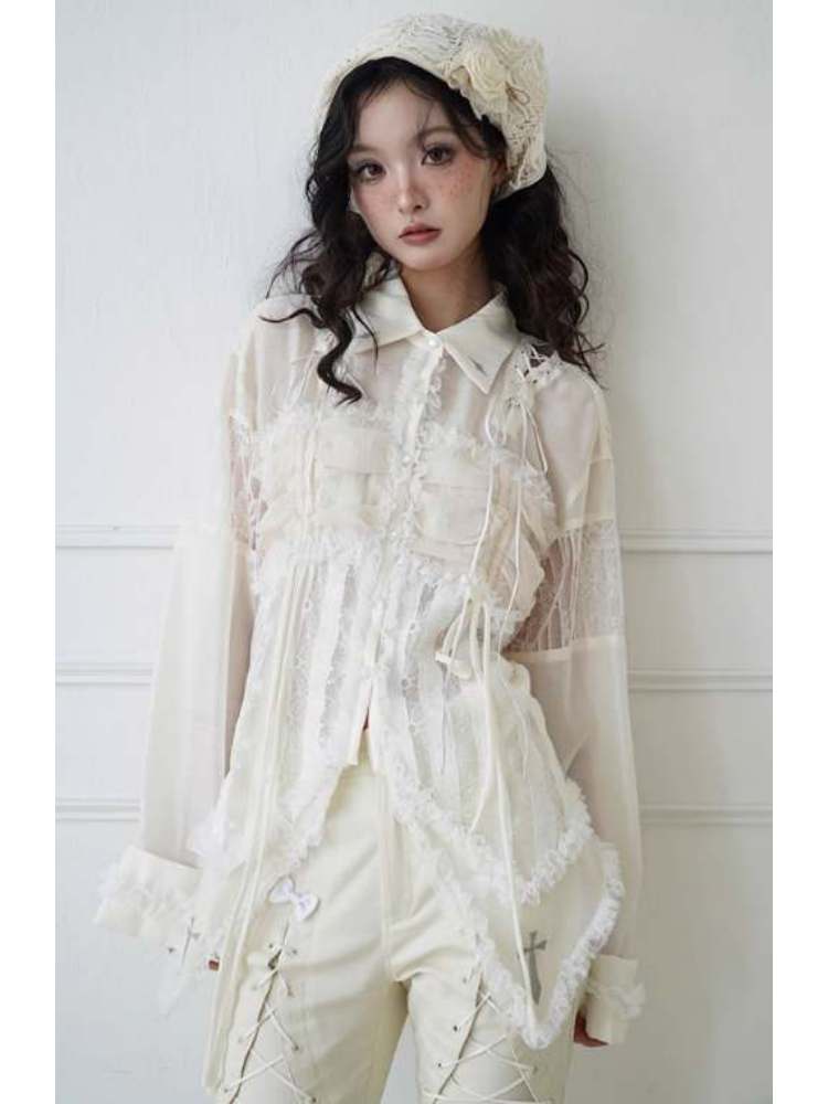 Lace-Up Crosses Embroidery Chiffon Lace Trim Shirt [s0000008151]