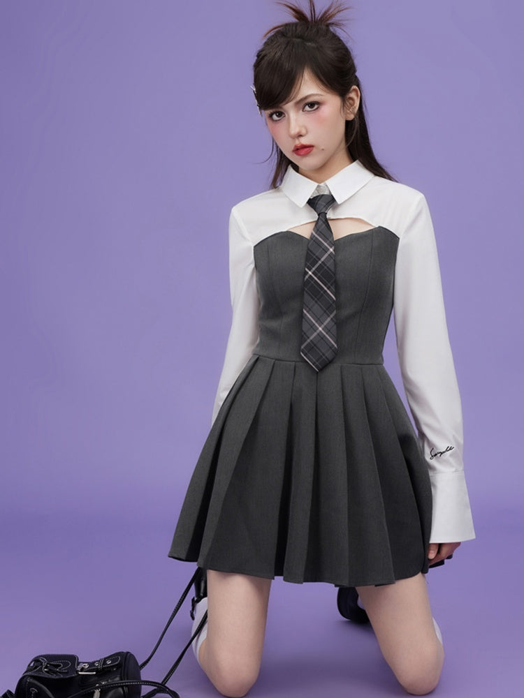 College Style Faux Two Piece Shirt Dress &amp; Tie【s0000003846】