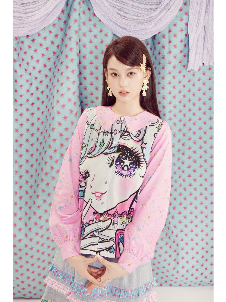 Shimizu Illustration Big Eyes Cute Girl Star Pattern Shirt【s0000003662】